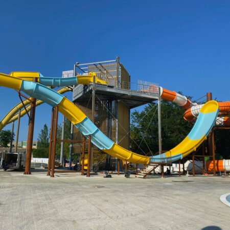 Rafting Slide 1400/2500 water slides. Front view during installation.