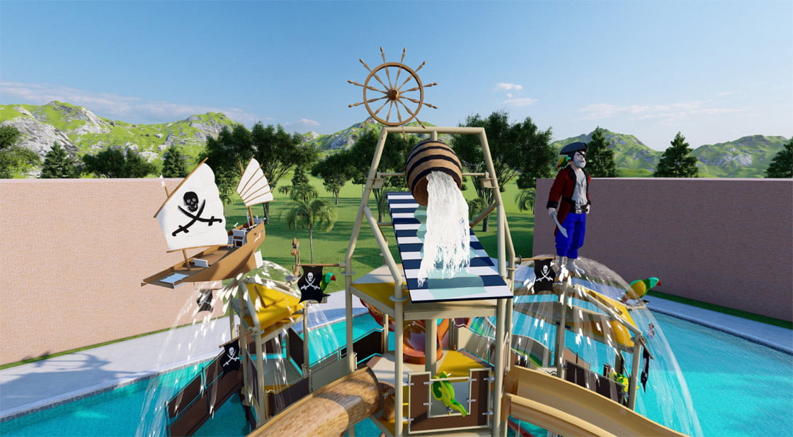 water attractions for campsites, pirate water castle with water spray