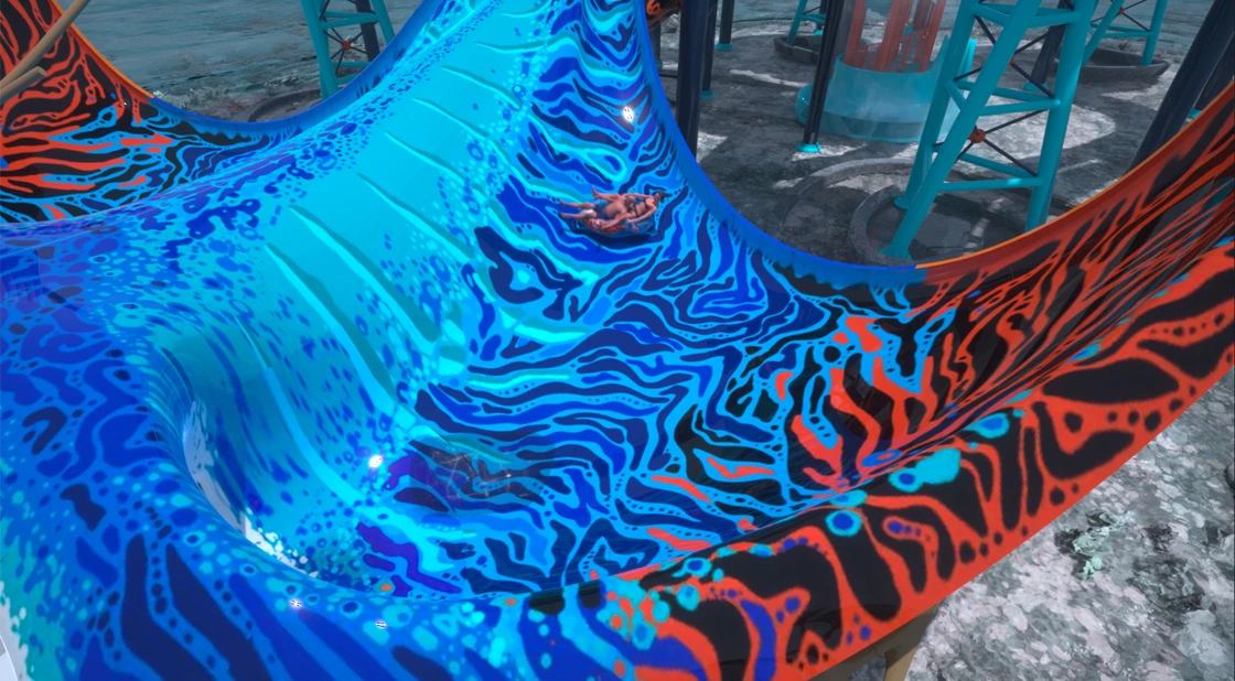 Discesa su gommone biposto lungo la superficie della manta del complesso di acquascivoli Novatù