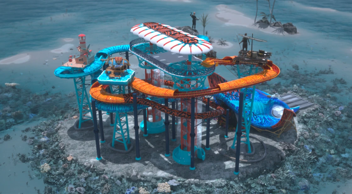 Vista laterale del complesso Novatù con le colonne portanti e la manta tematizzata